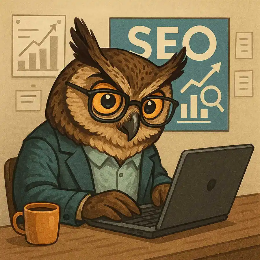 Gufo con abito elegante analizza dati SEO al computer – rappresentazione creativa del posizionamento su Google