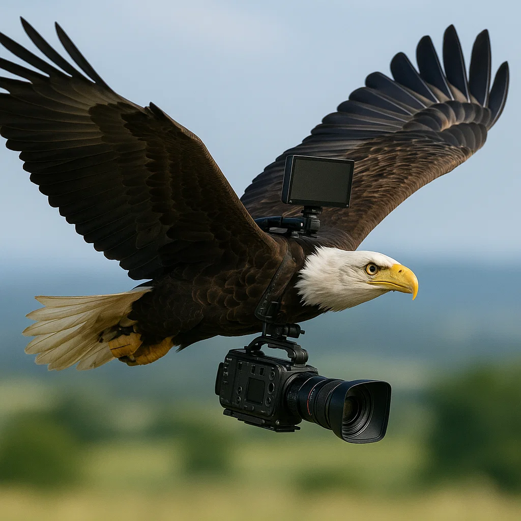 Aquila con videocamera professionale – produzione video aziendale Jumpcreative a Pavia


