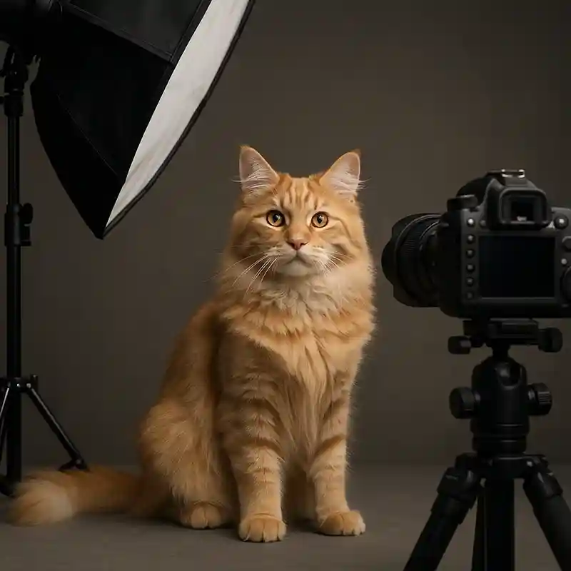 Servizi fotografici professionali – metafora con gatto sotto i riflettori in uno studio fotografico

