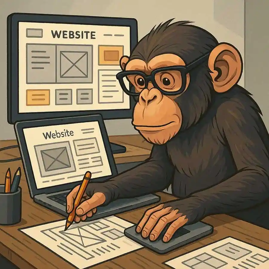 Scimpanzé che progetta un sito web con wireframe e laptop – metafora creativa per lo sviluppo web
