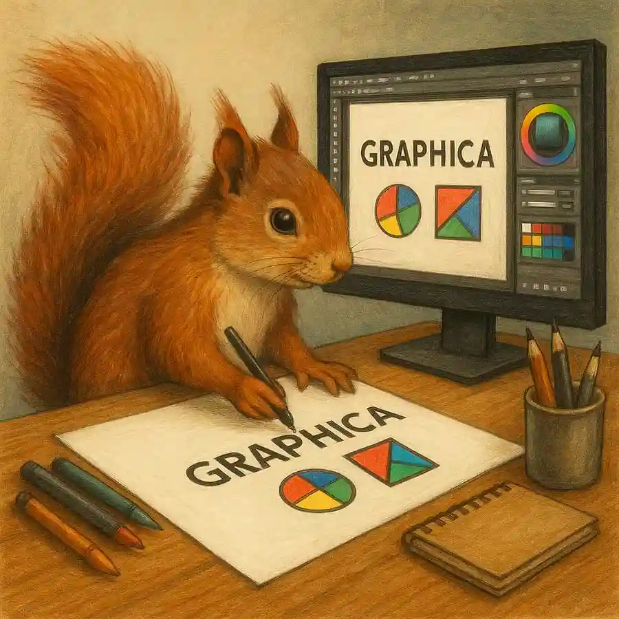 Scoiattolo creativo disegna loghi su carta davanti a un computer – rappresentazione del graphic design


